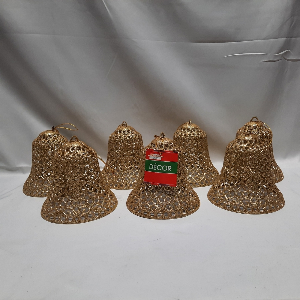 NWT Set of 7 Golds Glitter Scroll Hanging Plastic  Bells for decoration